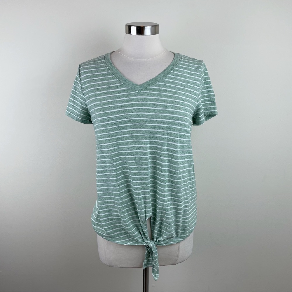 Universal Thread Green White Stripe Tie Front Short Sleeve Tee Shirt Top Women